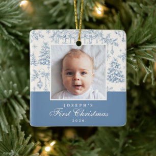 Blauw toile eerste kerst foto ornament