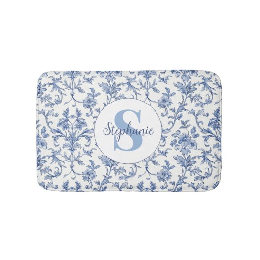 Blauw toile Frans monogram naam bloempatroon Badmat (Voorkant)