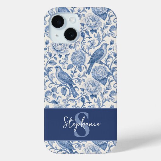 Blauw toile Frans monogram naam bloempatroon Case-Mate iPhone Case (Achterkant)