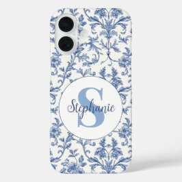 Blauw toile Frans monogram naam bloempatroon iPhone 16 Hoesje