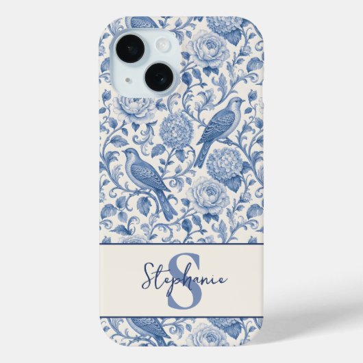 Blauw toile Frans monogram naam bloempatroon Case-Mate iPhone Case (Achterkant)