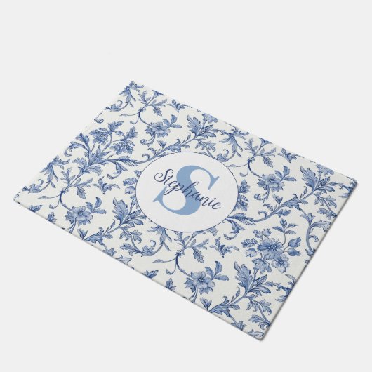 Blauw toile Frans monogram naam bloempatroon Deurmat (Schuin)