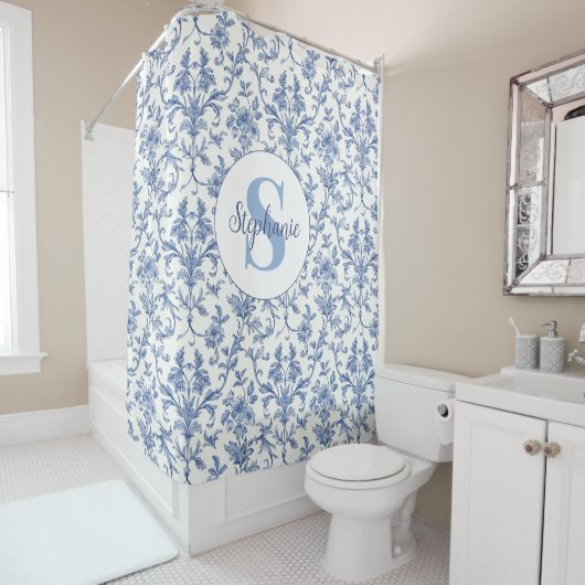 Blauw toile Frans monogram naam bloempatroon Douchegordijn (In situ)