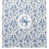 Blauw toile Frans monogram naam bloempatroon Douchegordijn (Voorkant)