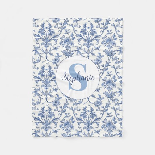 Blauw toile Frans monogram naam bloempatroon Fleece Deken (Voorkant)