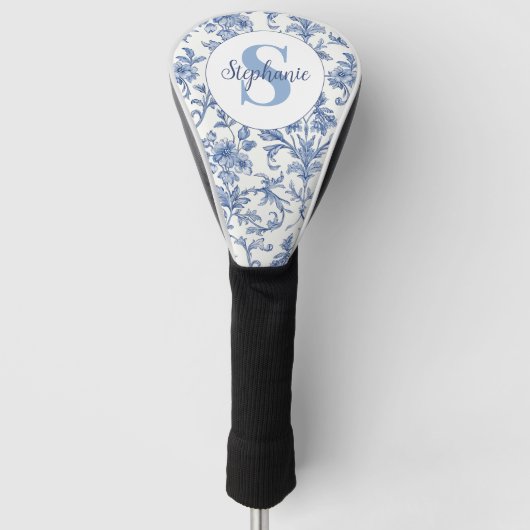 Blauw toile Frans monogram naam bloempatroon Golfheadcover (Voorkant)