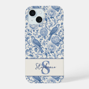 Blauw toile Frans monogram naam bloempatroon iPhone 15 Case