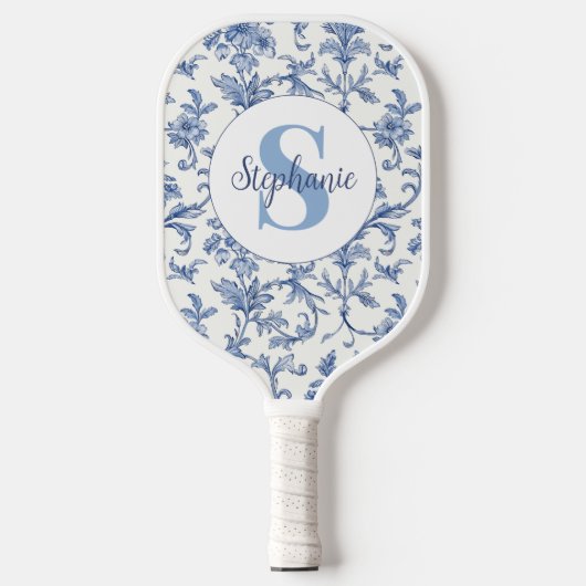 Blauw toile Frans monogram naam bloempatroon Pickleball Paddle (Voorkant)