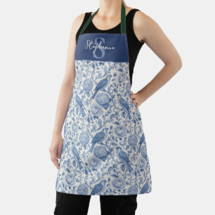 Blauw toile Frans monogram naam bloempatroon Schort