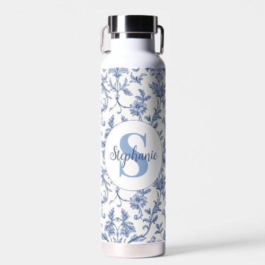 Blauw toile Frans monogram naam bloempatroon Waterfles (Voorkant)