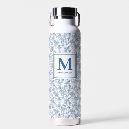 Blauw toile Frans monogram naam Waterfles (Voorkant)