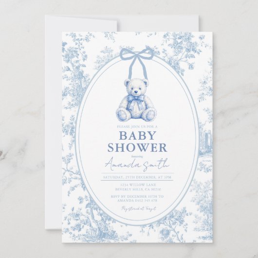 Blauw Toile Franse Beer Babyshower Uitnodiging (Voorkant)