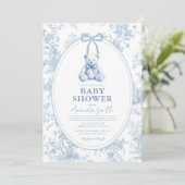 Blauw Toile Franse Beer Babyshower Uitnodiging (Staand voorkant)