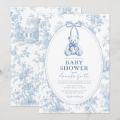 Blauw Toile Franse Beer Babyshower Uitnodiging (Voorkant / Achterkant)