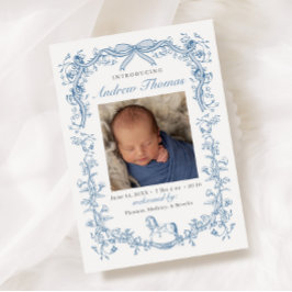 Blauw toile geboorteaankondiging kaart