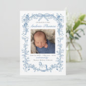 Blauw toile geboorteaankondiging kaart (Staand voorkant)