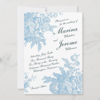 Blauw toile-huwelijksuitnodiging met vintage bloem kaart