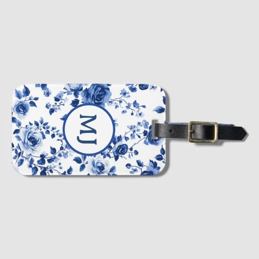 Blauw toile initieel bagagelabel (Voorkant (horizontaal))