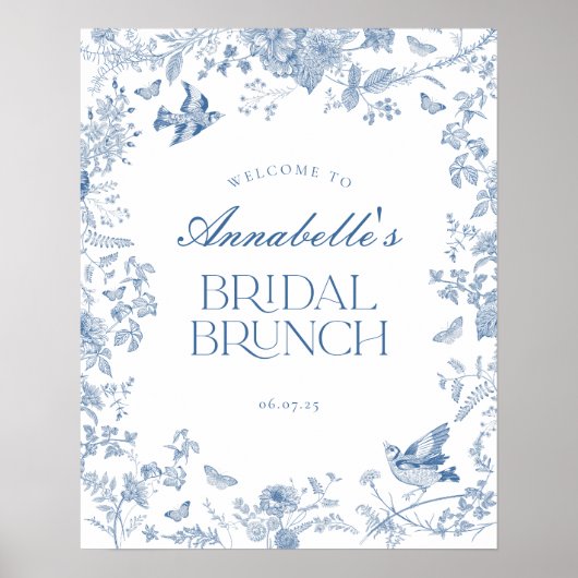Blauw Toile Jouy Bloemen Bruids Brunch Welkomstbor Poster (Voorkant)