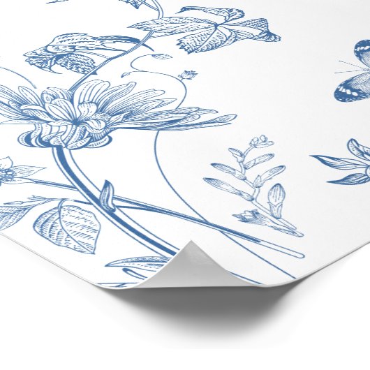 Blauw Toile Jouy Bloemen Bruids Brunch Welkomstbor Poster (Hoek)