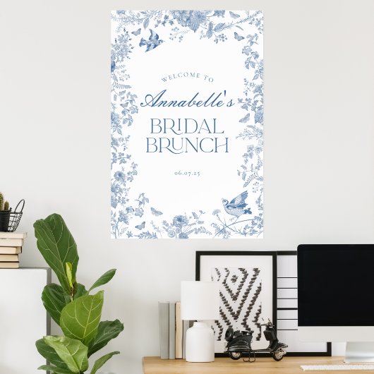 Blauw Toile Jouy Bloemen Bruids Brunch Welkomstbor Poster (Thuiskantoor)