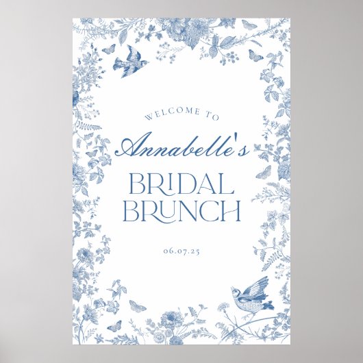 Blauw Toile Jouy Bloemen Bruids Brunch Welkomstbor Poster (Voorkant)
