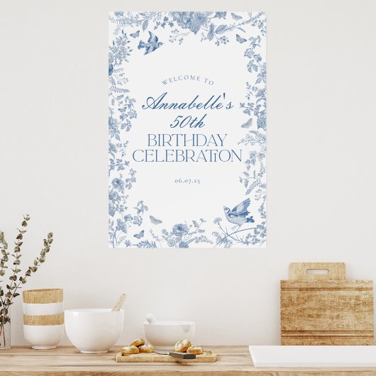 Blauw Toile Jouy Bloemen Verjaardagsfeest Welkomst Poster (Keuken)