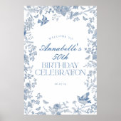 Blauw Toile Jouy Bloemen Verjaardagsfeest Welkomst Poster (Voorkant)