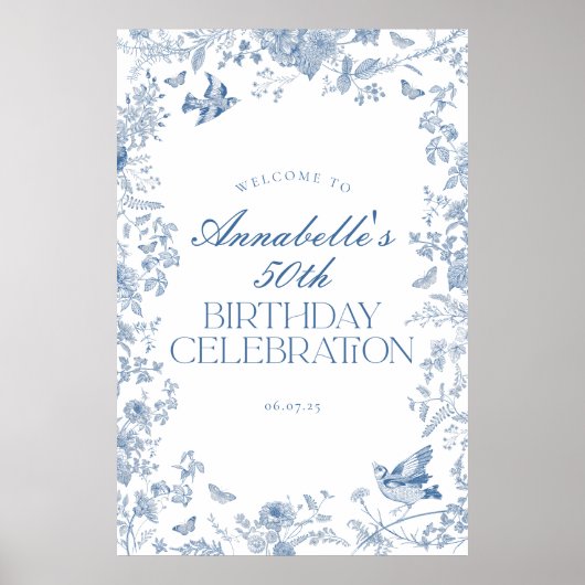 Blauw Toile Jouy Bloemen Verjaardagsfeest Welkomst Poster (Voorkant)