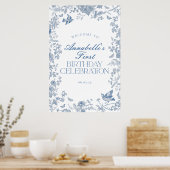 Blauw Toile Jouy Bloemen Verjaardagsfeest Welkomst Poster (Keuken)