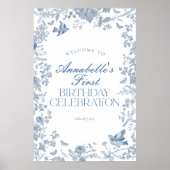 Blauw Toile Jouy Bloemen Verjaardagsfeest Welkomst Poster (Voorkant)