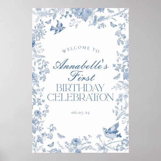 Blauw Toile Jouy Bloemen Verjaardagsfeest Welkomst Poster (Voorkant)