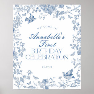 Blauw Toile Jouy Bloemen Verjaardagsfeest Welkomst Poster