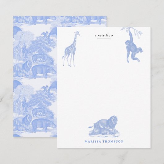 Blauw toile jungle dieren safari chinoiserie notitiekaartje (Voorkant / Achterkant)