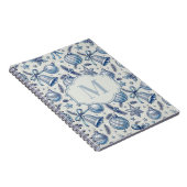 Blauw Toile Kerst Ornamenten Custom Monogram Notitieboek (Rechterzijde)
