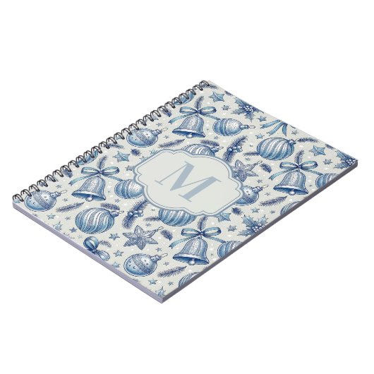 Blauw Toile Kerst Ornamenten Custom Monogram Notitieboek (Linkerzijde)