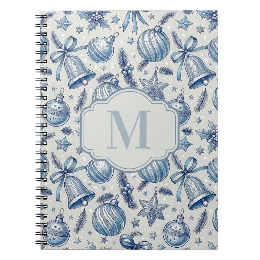 Blauw Toile Kerst Ornamenten Custom Monogram Notitieboek (Voorkant)