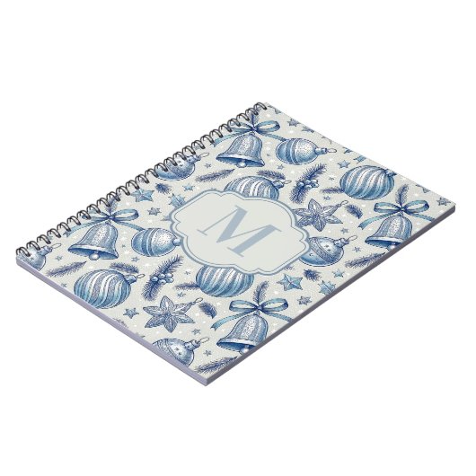 Blauw Toile Kerst Ornamenten Custom Monogram Notitieboek (Linkerzijde)