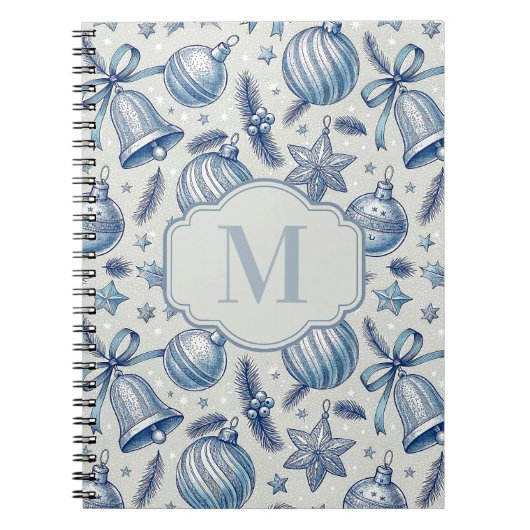 Blauw Toile Kerst Ornamenten Custom Monogram Notitieboek (Voorkant)