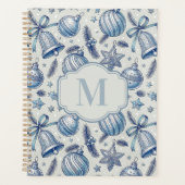 Blauw Toile Kerst Ornamenten Custom Monogram Planner (Voorkant)