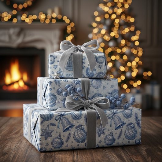 Blauw Toile Kerst Ornamenten Naadloos Cadeaupapier