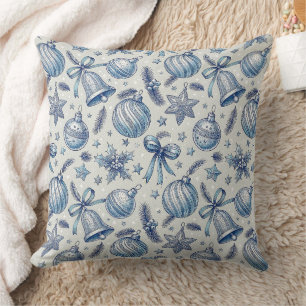 Blauw Toile Kerst Ornamenten Naadloos Kussen