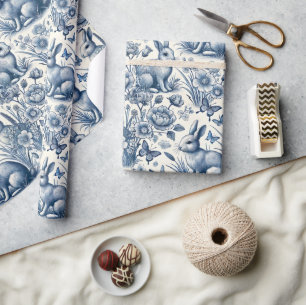 Blauw toile konijn vintage cadeaupapier