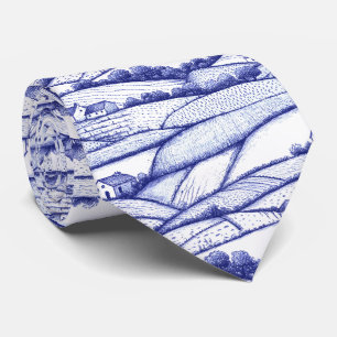 Blauw toile landschap Franse pastorale taferelen Stropdas