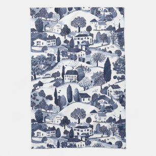 Blauw toile landschapscene theedoek