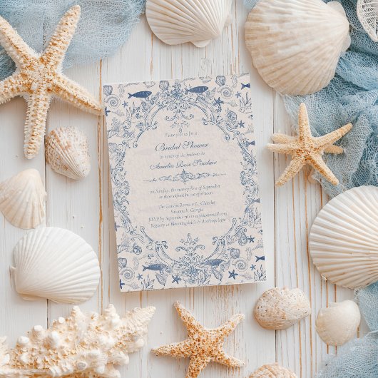 Blauw toile oceaaan bruidsdouche uitnodiging