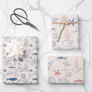 Blauw toile Oceaan Inpakpapier Set van 3 Vel