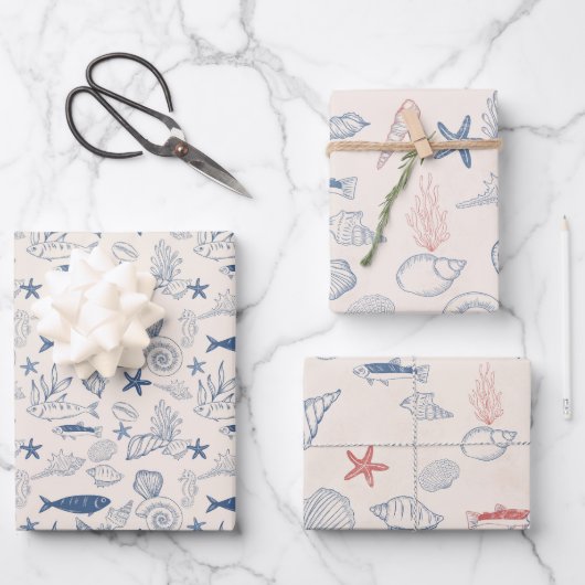 Blauw toile Oceaan Inpakpapier Set van 3 Vel (Voorkant)
