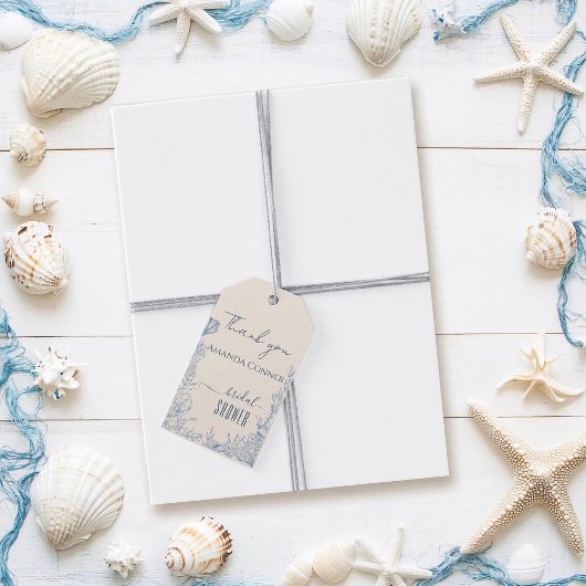 Blauw toile oceaanthema Bruidsdouche Cadeaulabel