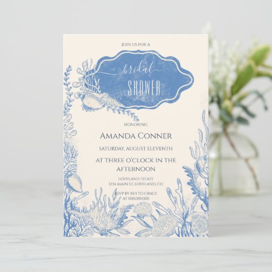 Blauw toile oceaanthema Bruidsdouche Kaart (Staand voorkant)